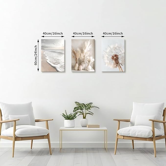 3 Pcs Beach Coastal Sunset Wall Art for Living Room, Modern Beige Dandelion Reeds Botanical Wall Pictures Aesthetic Nature Landscape Wall Painting Art Prints for Bedroom Office Home Decor 16"x24"x3Pcs