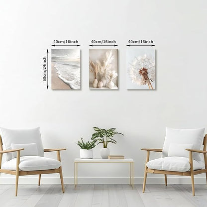 3 Pcs Beach Coastal Sunset Wall Art for Living Room, Modern Beige Dandelion Reeds Botanical Wall Pictures Aesthetic Nature Landscape Wall Painting Art Prints for Bedroom Office Home Decor 16"x24"x3Pcs