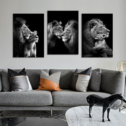 Black and White Lion Canvas Wall Art 3 Panels Posters Prints Art Modern Wild Animals Pictures Wall Decor Living Room Bedroom Office Decor, Framed 20 W x 28" H x 3pcs