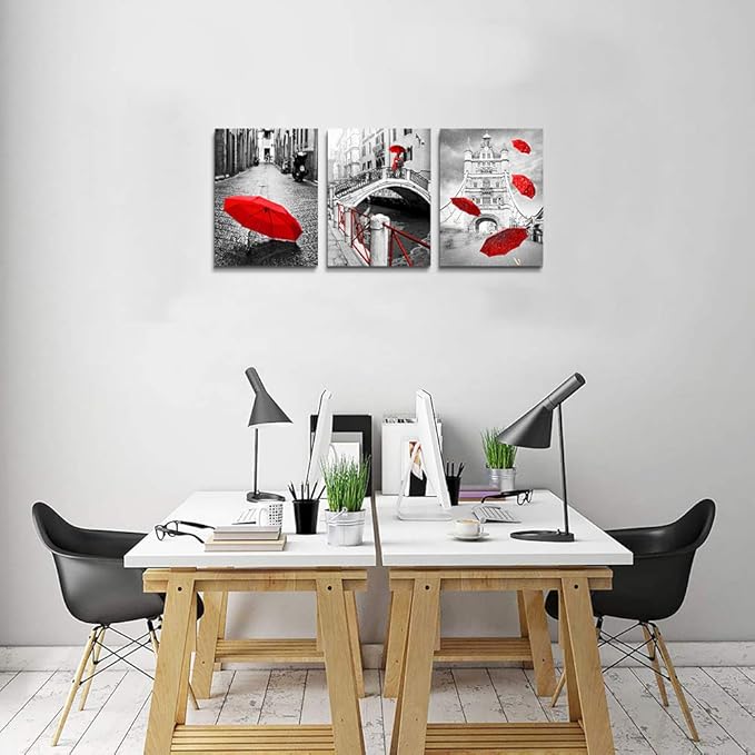 AHUAART Wall Art for Living Room Bathroom Decorations Bedroom Wall decor 3 Piece Framed Artwork modern Canvas Print Office Home Decoration Black and white landscape building red umbrella wall painting