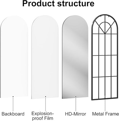 Degfig Arched Full Length Mirror with Grids, 71"X32", Arched Window Pane Wall Mirror, Floor Standing Mirrors, Farmhouse Long Full Body Mirrors Wall Mounted for Living Room, Bedroom, Entryway, Black
