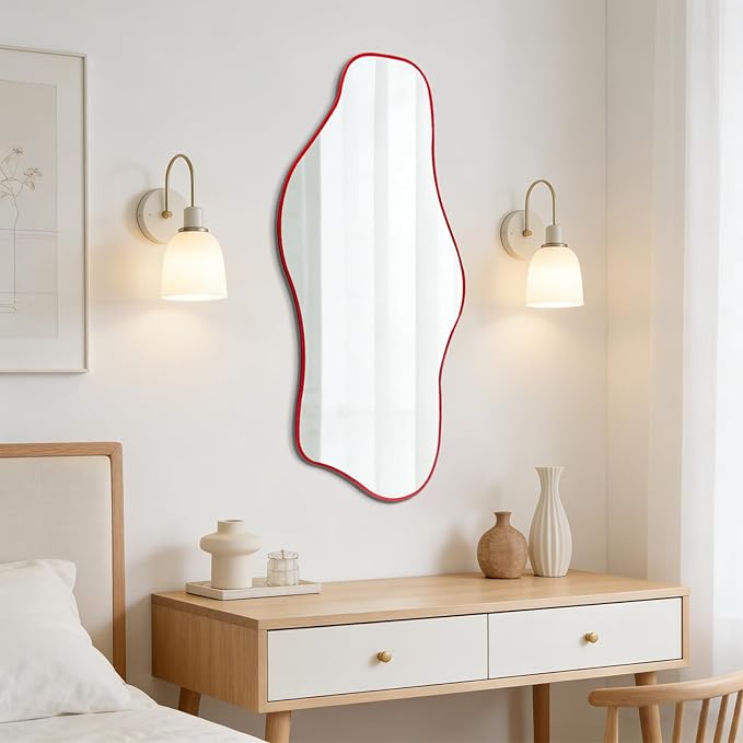 Irregular Tempered Glass Mirror, 35.8"x17.7" Red Asymmetrical Wall Mirror, Modern Abstract Frameless Mirrors for Living Room Bathroom Bedroom Entryway, Horizontal or Vertical Hanging
