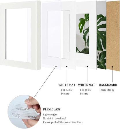 Egofine 4x6 Picture Frames 4PCS Covered by Plexiglass, for Picture 3x4.5/3.5x5 with Mat or 4x6 whitout Mat, Made of Solid Wood for Table Top Display and Wall Mounting Photo Frame, White with Texture