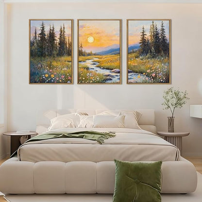 IARTTOP Large Mountain Wall Art Framed 16x24 Inch Abstract Forest Landscape Canvas Wall Decor Nature Scenery Wildflower botanical Artwork for Living room Bedroom Set of 3