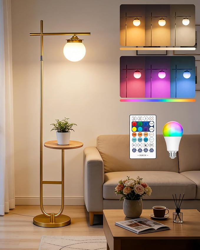 Lightdot RGBCW Floor Lamp for Living Room with Remote, Modern Standing Lamp with Storage Table, Cross-Shaped Lamp Head and U-Pole Base Style for Bedroom, Office, Home Decor, Foot Switch
