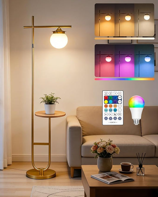 Lightdot RGBCW Floor Lamp for Living Room with Remote, Modern Standing Lamp with Storage Table, Cross-Shaped Lamp Head and U-Pole Base Style for Bedroom, Office, Home Decor, Foot Switch