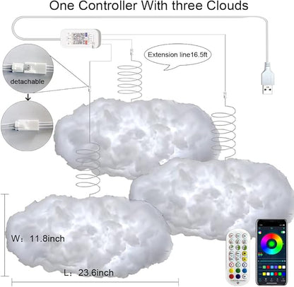 ZOKON 3PCS 3D Big Cloud Lightning Light Kit Music Sync Multicolor Lightning Changing Strip Lights 360 Degree Wireless Remote APP NO DIY Coolest Decorations for Adults and Kids Indoor Home Bedroom
