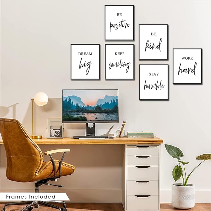 Inspirational Wall Art, Framed Motivational Canvas Wall Art Positive Quote for Living Room Bedroom Office, Stretched Ready to Hang (Set of 6, 8X10in, Framed)