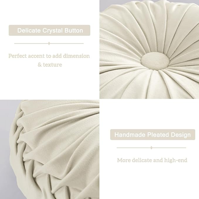 HIG Set of 2 Decorative Round Pleated Throw Pillows,Classy Accent Pumpkin Throw Pillows with Center Button,Vintage Velvet Floor Pillows for Sofa Vanity Chair Bed, Beige,14.5" Diameter(Ripple)