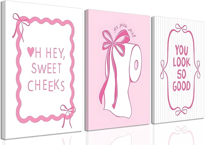 JBZDD 3Pcs Pink Bow Bathroom Canvas Wall Art Bowknot Coquette Posters Prints Preppy Picture Decor For Bathroom Washroom Restroom 16x12in Framed
