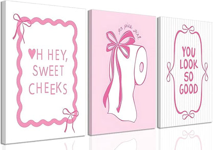 JBZDD 3Pcs Pink Bow Bathroom Canvas Wall Art Bowknot Coquette Posters Prints Preppy Picture Decor For Bathroom Washroom Restroom 16x12in Framed