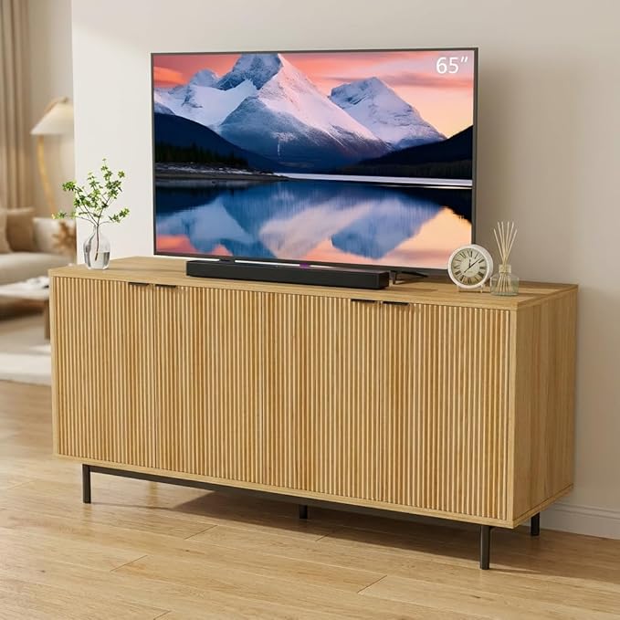 Vipbear 58 Inch TV Stand for 65 Inch TV, Modern Fluted Sideboard Buffet Cabinet with Storage, Natural Wood Media Console Table with 4 Doors and Adjustable Shelves for Living Room and Bedroom Decor