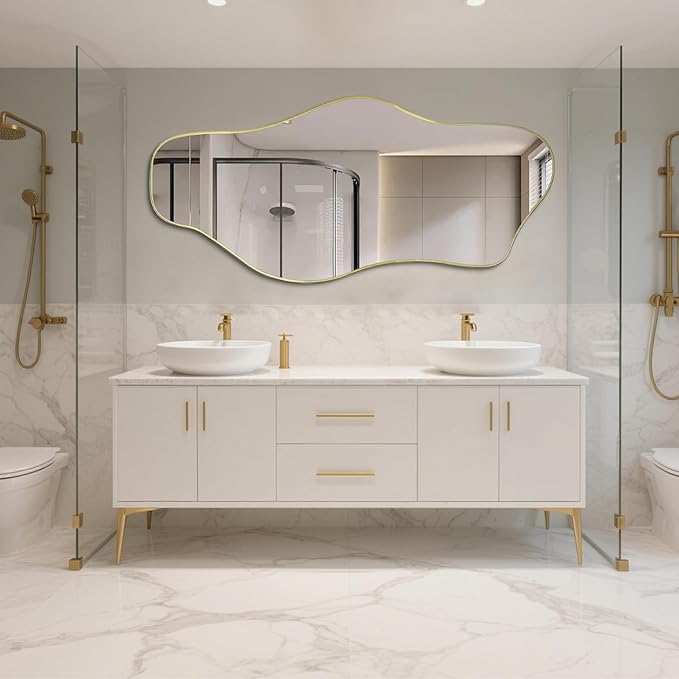 Irregular Mirror Full Length, 67"x31" Large Asymmetrical Tempered Glass Mirror, Gold Organic Frameless Wall Mirrors for Living Room Bedroom Hallway Entryway, Horizontal or Vertical Hanging
