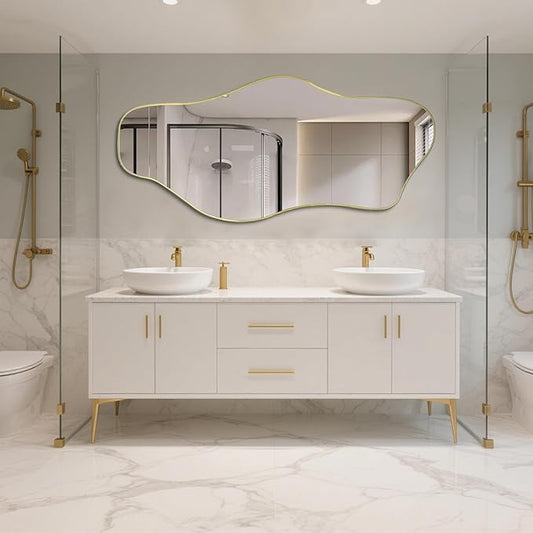 Irregular Mirror Full Length, 67"x31" Large Asymmetrical Tempered Glass Mirror, Gold Organic Frameless Wall Mirrors for Living Room Bedroom Hallway Entryway, Horizontal or Vertical Hanging
