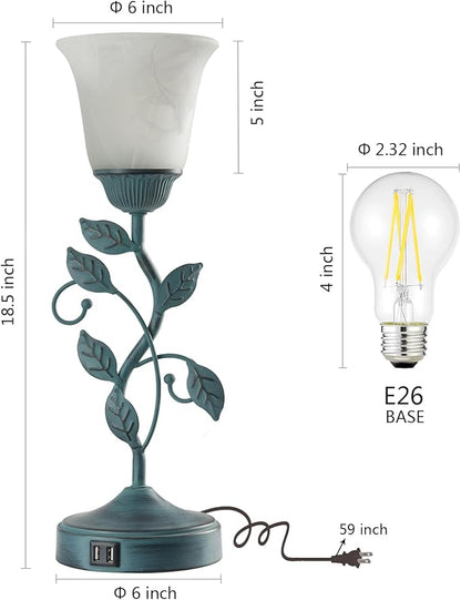 Vintage Touch Table Lamp for Living Room, 3-Way Dimmable Nightstand Lamp with 2 USB Ports, Farmhouse Rustic White Glass Shade Leaf Desk Lamp for Bedroom End Table, LED Bulb Included