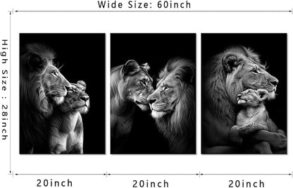 Black and White Lion Canvas Wall Art 3 Panels Posters Prints Art Modern Wild Animals Pictures Wall Decor Living Room Bedroom Office Decor, Framed 20 W x 28" H x 3pcs