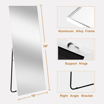 NeuType Full Length Mirror, 59"x16" Full Body Mirror with Stand Floor Mirror Full Length Standing Mirror Wall-Mounted Mirror Hanging or Leaning Against Wall Aluminum Alloy Thin Frame (White)