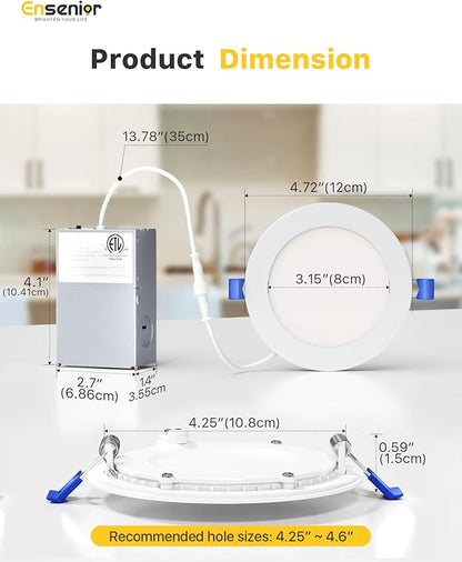 Ensenior 6 Pack 4 Inch LED Recessed Light, Dimmable, 6000K Clear White, 750LM High Brightness, 9W 120V, Damp Rated, Ultra-Thin Canless Wafer Ceiling Light - ETL & FCC & IC