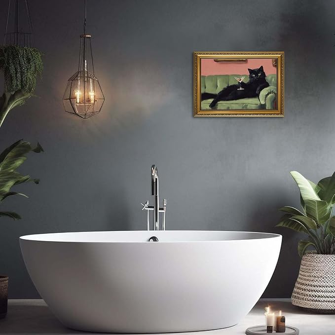 YD&YZY Gold Framed Funny Cat Wall Art Canvas Black Cat Martini Vintage Quirky Humor Bar Cart Wall Decor Cute Animal Painting Picture Print Artwork for Bedroom Living Room Bathroom 12x16 inch Framed