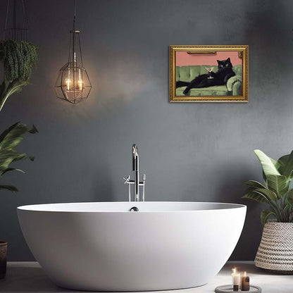 YD&YZY Gold Framed Funny Cat Wall Art Canvas Black Cat Martini Vintage Quirky Humor Bar Cart Wall Decor Cute Animal Painting Picture Print Artwork for Bedroom Living Room Bathroom 12x16 inch Framed