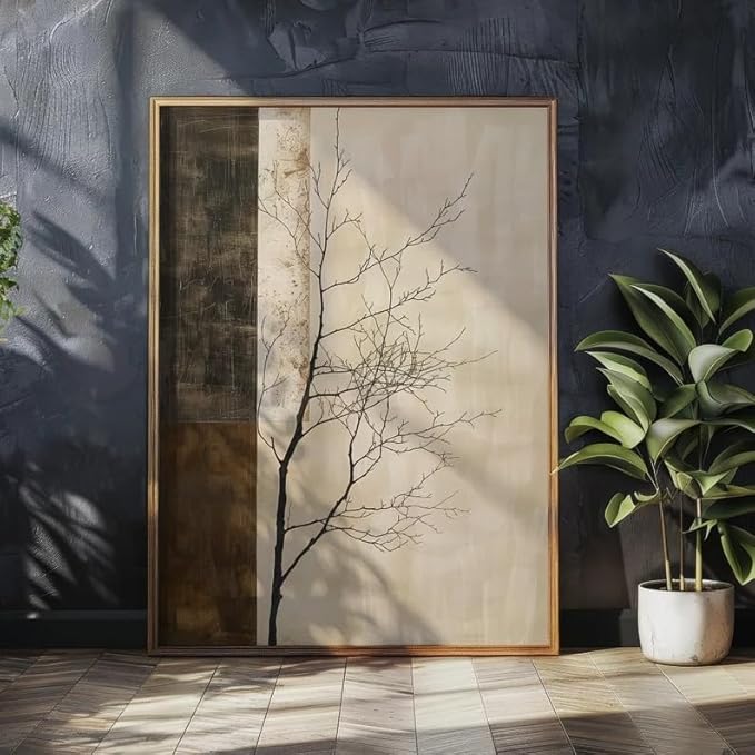 ZHBJSM Minimalist Tree Wall Art Modern Abstract Rustic Neutral Tone Bare Tree Texture Calm Nature-Themed Home Living Room Bedroom Elegant Stylish Interior Decor Accent 16x24 Inch Unframed