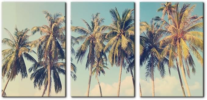 Pacimo Canvas Print Wall Art Set Row of California Palm Trees & Blue Sky Nature Wilderness Photography Realism Chic Scenic Seaside Landscape Pictures Giclee Artwork Stretched Framed - 16"x24"x3 Panels