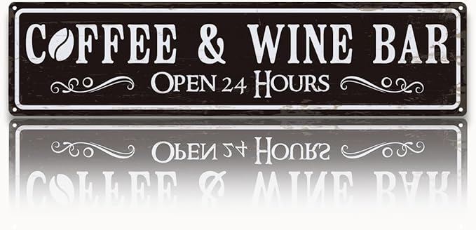 Coffee and Wine Bar Decor, Coffee & Wine Bar Open 24 Hours Sign, Retro Metal Tin Sign, Rustic Farmhouse Wall Decoration, Vintage Home Decor for Kitchen, Coffees Station Decors, 15.8x4 Inches