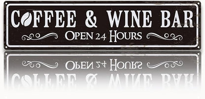 Coffee and Wine Bar Decor, Coffee & Wine Bar Open 24 Hours Sign, Retro Metal Tin Sign, Rustic Farmhouse Wall Decoration, Vintage Home Decor for Kitchen, Coffees Station Decors, 15.8x4 Inches