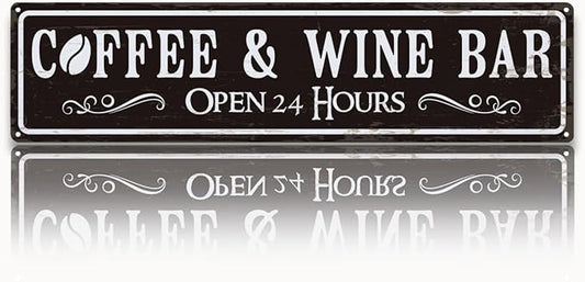 Coffee and Wine Bar Decor, Coffee & Wine Bar Open 24 Hours Sign, Retro Metal Tin Sign, Rustic Farmhouse Wall Decoration, Vintage Home Decor for Kitchen, Coffees Station Decors, 15.8x4 Inches