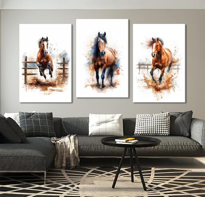 Horses Wall Art 3 Panels Watercolor Animals Pictures Prints Artwork Running Horses Posters Wall Decor Living Room Bedroom Home Office Decor, Framed 24" W x 36" H x 3pcs