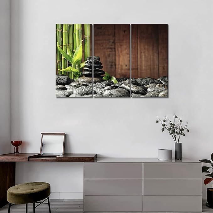3 Panel Zen Wall Art Bamboo Canvas Green Spa Wooden Background Painting Pictures Print On Canvas Botanical Picture for Modern Decoration Ready To Hang