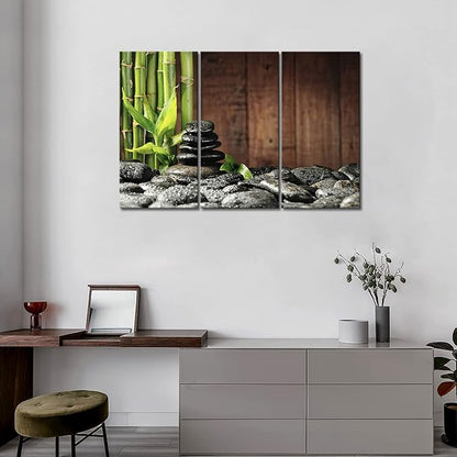 3 Panel Zen Wall Art Bamboo Canvas Green Spa Wooden Background Painting Pictures Print On Canvas Botanical Picture for Modern Decoration Ready To Hang