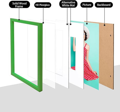 KINLINK 11x14 Picture Frame Grass Green, Solid Wood Frames with Acrylic Plexiglass for Pictures 5x7/8x10 with Mat or 11x14 without Mat, Tabletop and Wall Mounting Display, 4 Pack