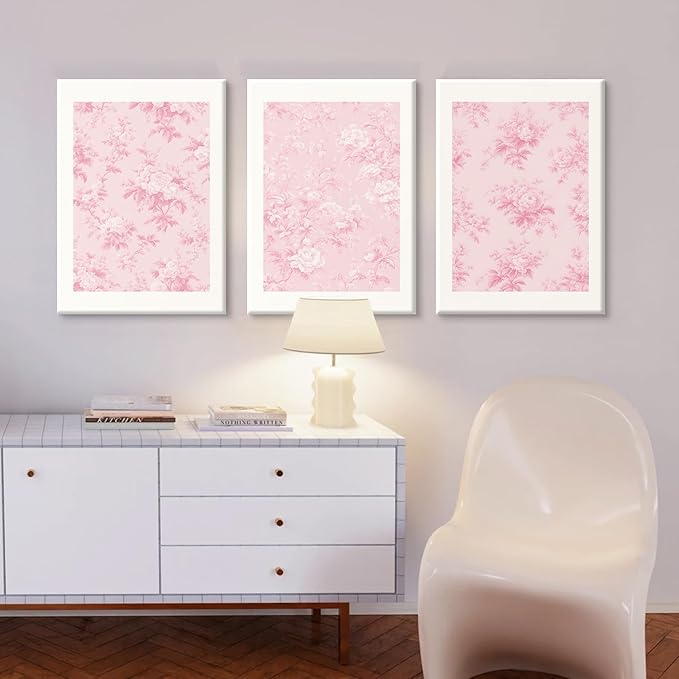 Pink Floral Wall Art Chinoiserie Flower Wall Decor Pictures Aesthetic Canvas Wall Art Love Shack Fancy Poster Vintage Floral Prints for Living Room Bedroom 16x24 Inch Framed Set of 3