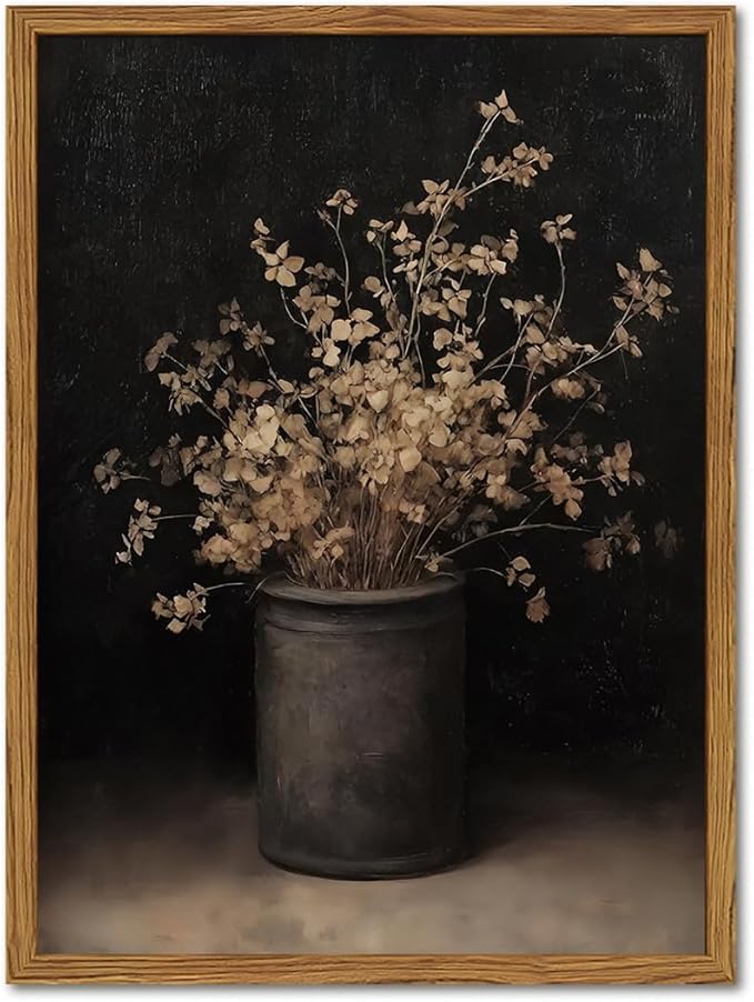Framed Vintage Floral Wall Art, Rustic Dark Moody Flower Paintings Wall Decor, Retro Farmhouse Botanical Pictures Canvas Prints Neutral Aesthetic Home Decor for Living Room Bedroom 16x24inch