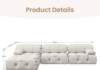 104'' Modular Sectional Couch, L-Shaped Velvet Bubble Couch with Reversible Chaise Ottoman, Modern Cloud Sectional Couches for Living Room, Apartment (3 Seats, 1 Ottoman, Beige)