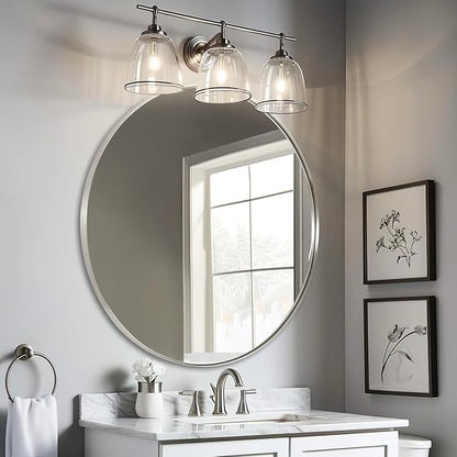 ANDY STAR Silver Round Mirror, 32" Brushed Nickel Bathroom Mirror, Stainless Steel Metal Framed Circle Wall Mirrors, Large Modern Vanity Mirror for Entryway, Living Room