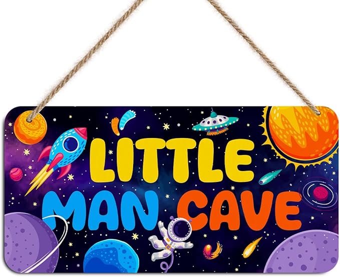 Little Man Cave Sign for Boys Astronaut Decor Wooden Door Sign Wall Decor Nursery Wooden Hanging Sign Wall Hanging Space Themed Bedroom Decoration Toddler Boy Room Gamer Room Decoration for Boys