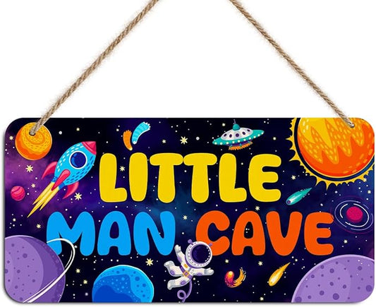 Little Man Cave Sign for Boys Astronaut Decor Wooden Door Sign Wall Decor Nursery Wooden Hanging Sign Wall Hanging Space Themed Bedroom Decoration Toddler Boy Room Gamer Room Decoration for Boys