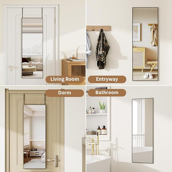 Door Mirror, Over The Door Full Length Mirror, 48"x14" Hanging Mirrors for Bedroom, Living Room, Entryway, Dorm, Black