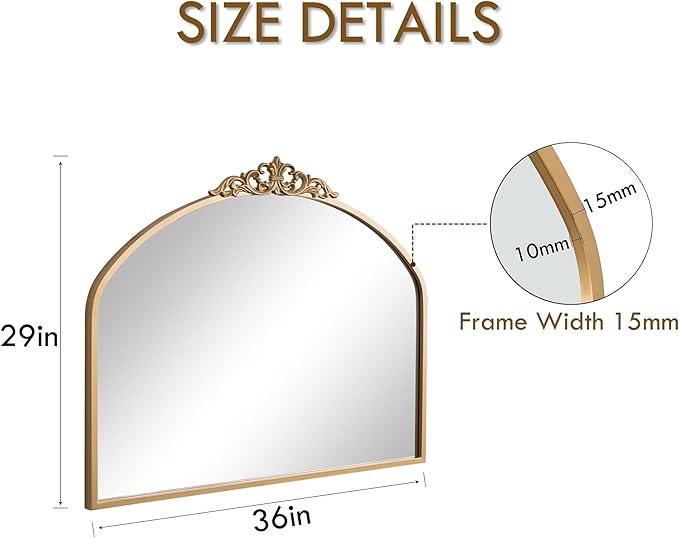 Gold Vintage Arched Wall Mirror 36x29 Antique Baroque Ornate Mirror with Carved Pattern Top and Metal Frame for Bathroom Living Room Entryway Fireplace Hallway