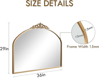 Gold Vintage Arched Wall Mirror 36x29 Antique Baroque Ornate Mirror with Carved Pattern Top and Metal Frame for Bathroom Living Room Entryway Fireplace Hallway