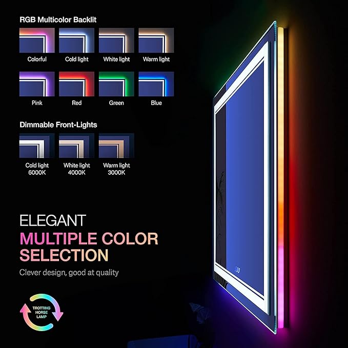 60x40 Inch RGB LED Bathroom Mirror with Lights, Color Changing RGB Backlit LED Mirror for Bathroom,Lighted Vanity Mirrors for Bathroom Wall, Dimmable, Anti-Fog (RGB Backlit+Front-Lit)
