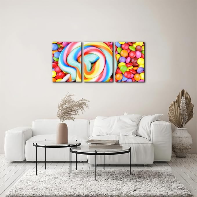 Pacimo 3 Pieces Canvas Print Wall Art Set Variety of Rainbow Candy Food Dessert Pictures Painting Prints on Canvas Modern Artwork Framed Wall Decor for Living Room Bedroom Office - 12"x16"x3