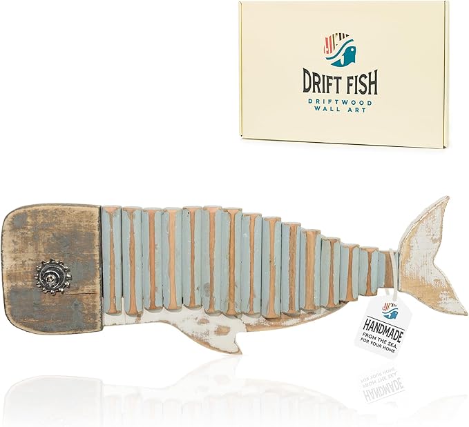 Driftwood Fish Nautical Wall Decor - Handmade Wooden Rustic Coastal Wall Art for Living Room, Bedroom, Office, Bathroom - Ocean Beach Decoration (Wally)
