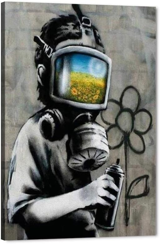 Yatsen Bridge Banksy Wall Art, Boy Wearing a Gas Mask Canvas Picture Art Print, Modern Home Decor for Living Room Bedroom Pop Framed Artwork Ready to Hang - 24x36 inch