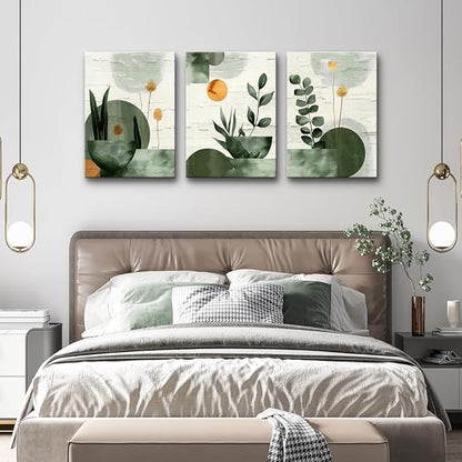 TTHYUEWS Boho Wall Art For Bedroom Canvas Wall Decor For Living Room Office Abstract Decorations Plant Wall Paintings Geometry Pictures Artwork Modern Bathroom Home Decor Ready To Hang 3 Piece