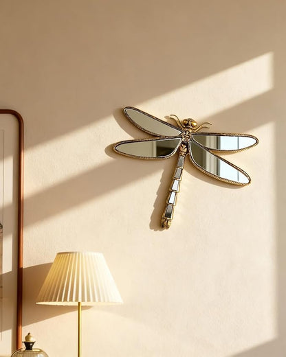 Dragonfly Wall Mirror Decor, Butterfly Art Wall Mirrors, Retro Gold Resin Decorative Wall Mirror, Creative Home Decoration for Living Room Bedroom (Dragonfly)