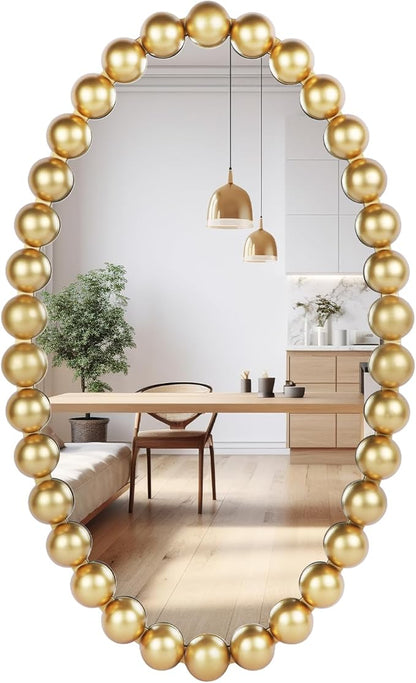 Oval Round Wall Mirror - 30 Inch Decorative Framed Bathroom/Living Room Accent Mirror with Beaded Ball Trim - Vintage Modern Style