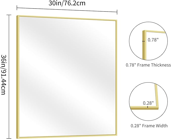 YIROMAN Bathroom Mirror 30"x36", Brushed Gold Bathroom Mirror for Over Sink with Aluminum Frame, Rectangular Vanity Mirror with Right Angle, Wall Mirror Hangs Horizontal or Vertical, Shatterproof